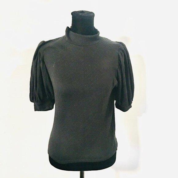 FREE PEOPLE Black Knit Puff Short Sleeve Turtleneck Medium (Fits Like a Small) - Picture 2 of 7